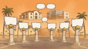 Editorial cartoon: McAllen City Hall Columns Hired Before Building Exists, Will Stand at South Door Explaining the $50 Million