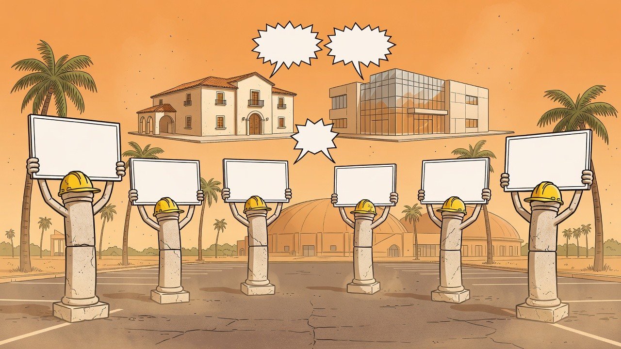 Editorial cartoon: McAllen City Hall Columns Hired Before Building Exists, Will Stand at South Door Explaining the $50 Million