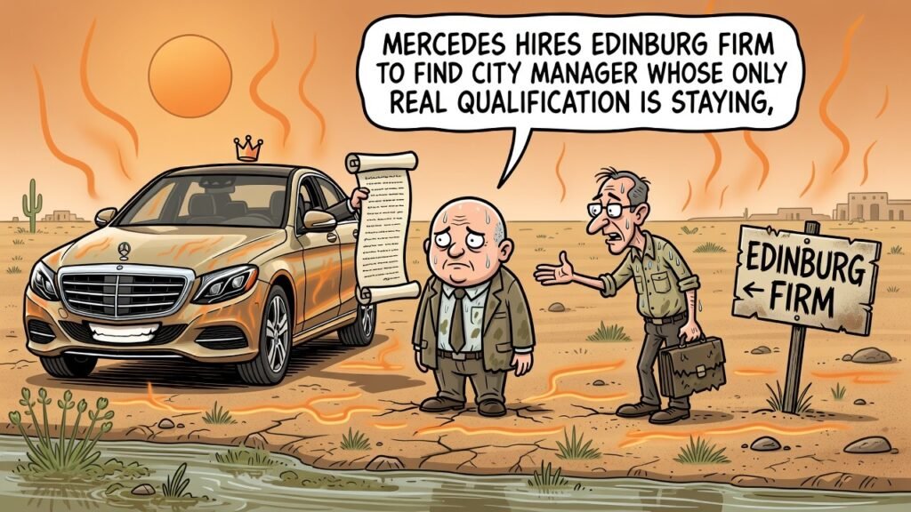 Editorial cartoon: Mercedes Hires Edinburg Firm to Find City Manager Whose Only Real Qualification Is Staying