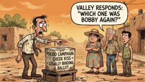 Editorial cartoon: Pulido Campaign Declares Cheek Kiss Legally Binding Ballot; Valley Responds 'Which One Was Bobby Again?'
