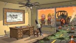 Editorial cartoon: Rio Hondo Road on Hold Until City Hires Someone Who Knows Cursive