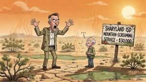 Editorial cartoon: Sharyland ISD Pays $30,000 for Mountain-Screaming Service, Receives Polite Whisper