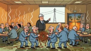 Editorial cartoon: Valley Demands 765 Kilovolts, Receives Cafeteria Slideshow of the 138 It Already Has